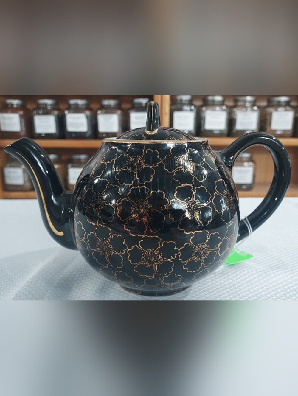 Vintage Hall 050 6 Cup Black Floral Gold-Outlined Teapot